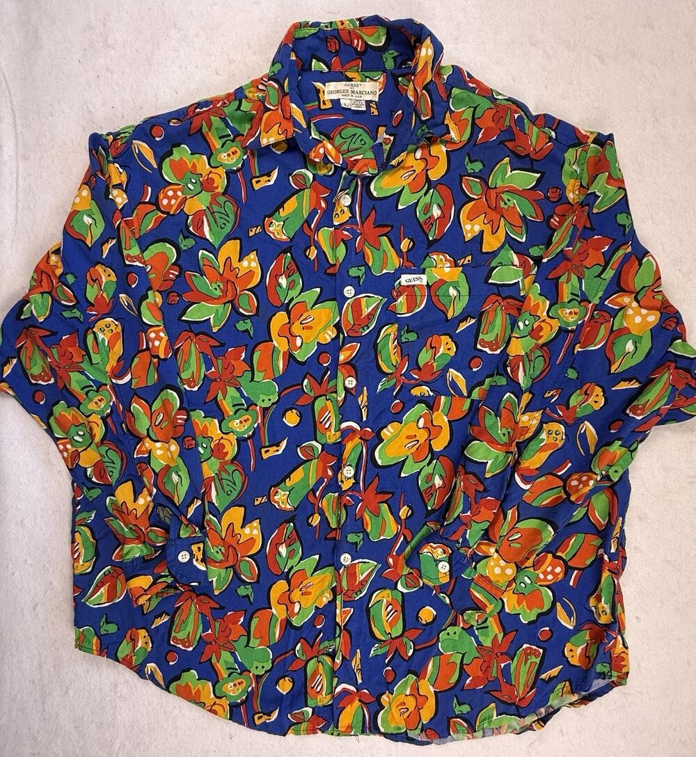 Vtg 90's Guess Georges Marciano shirt large bright floral Coastal Vacation
